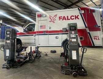 Coach-built emergency vehicle on the wheel alignment system